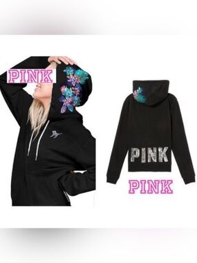 PINK VS TROPICAL BLING HIBISCUS FLORAL HOODIE MEDIUM